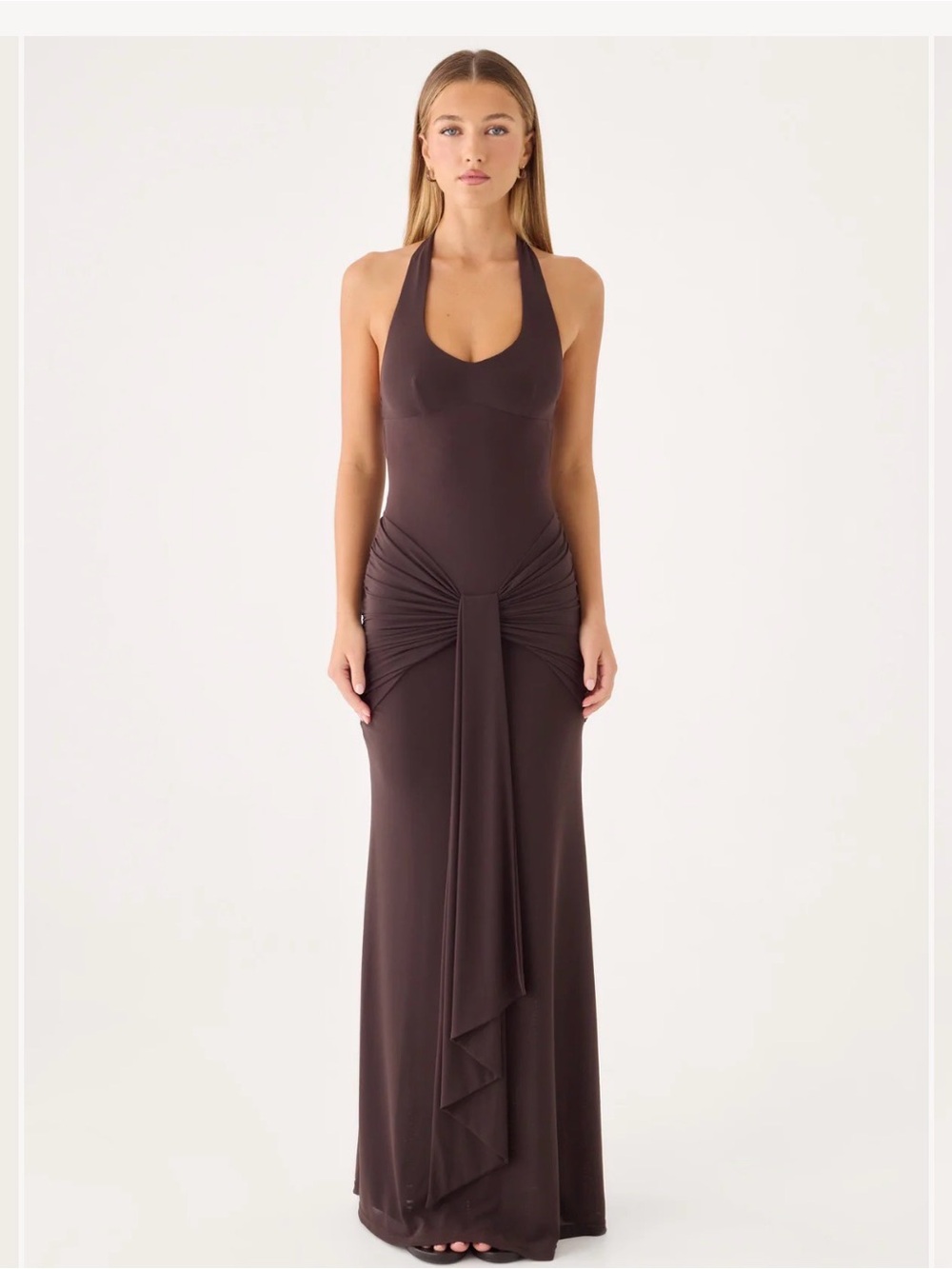 Peppermayo Brown Halter Maxi Gown with Front Knot Detail